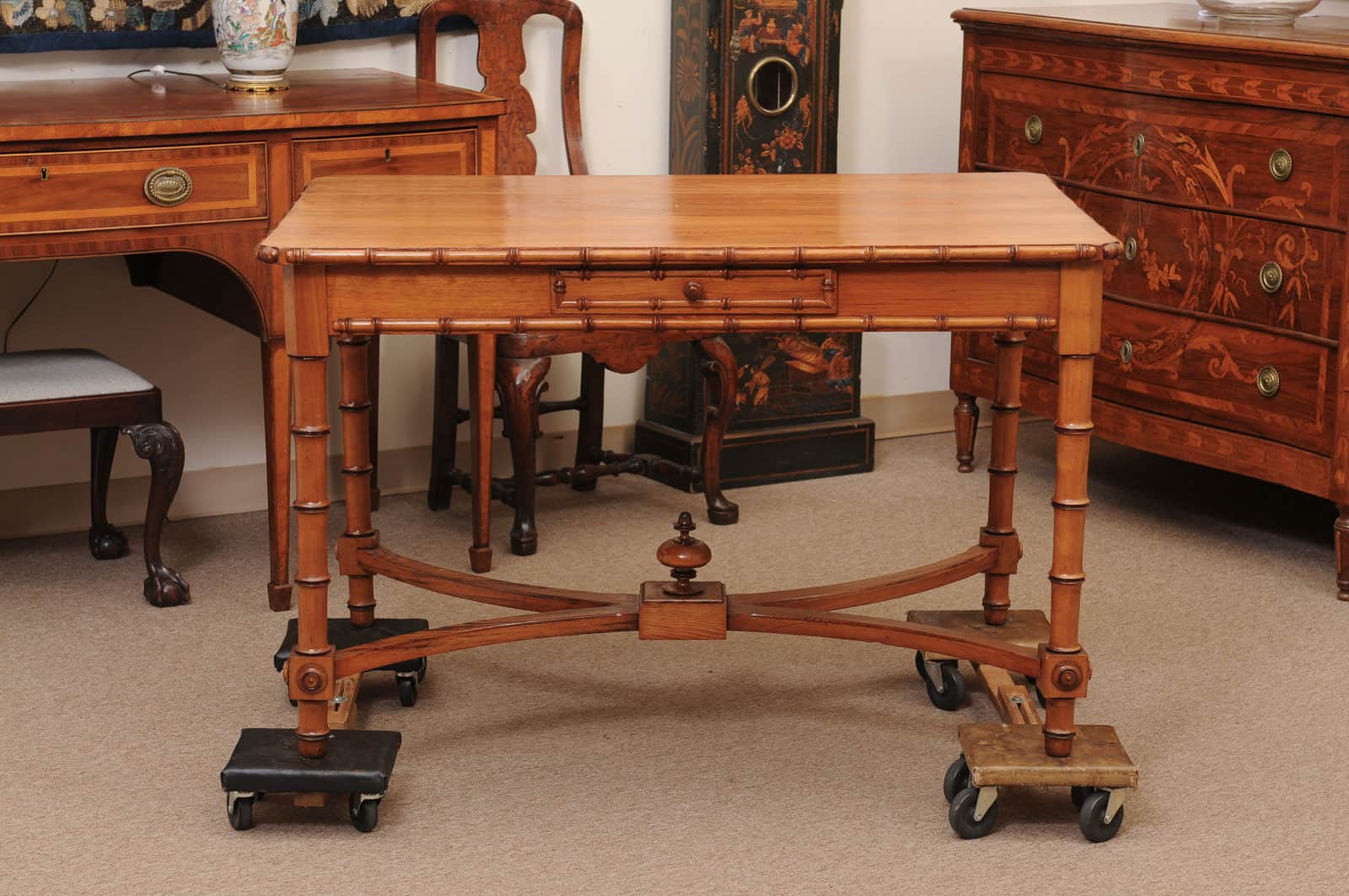 English Faux Bamboo Pine Writing Table with 1 Drawer and X Form Stretcher, Mid? 20th Century - Image 13