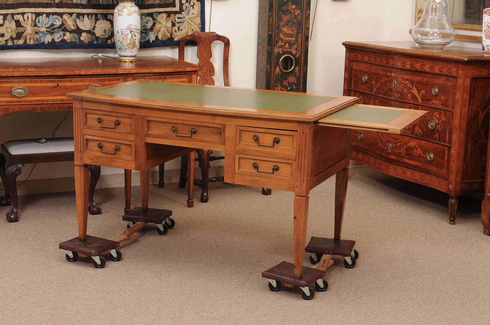 French Louis XVI Style Walnut Writing Table with Green Leather Top, 4 Drawers and Slide, 20th Century - Image 13