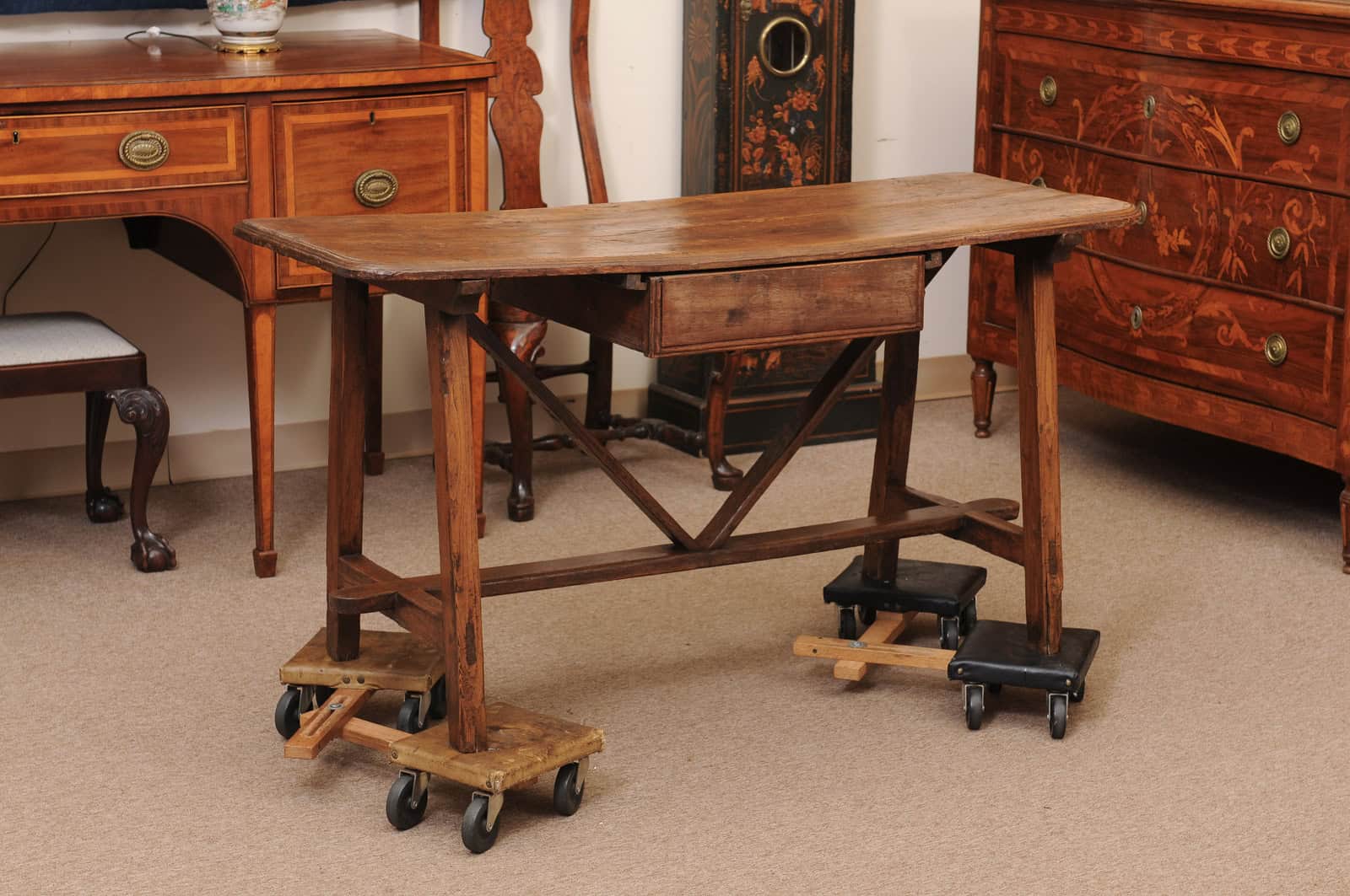 Rustic 19th Century Continental Walnut & Pine Console /Sofa Table with X Stretcher & Small Center Drawer - Image 3