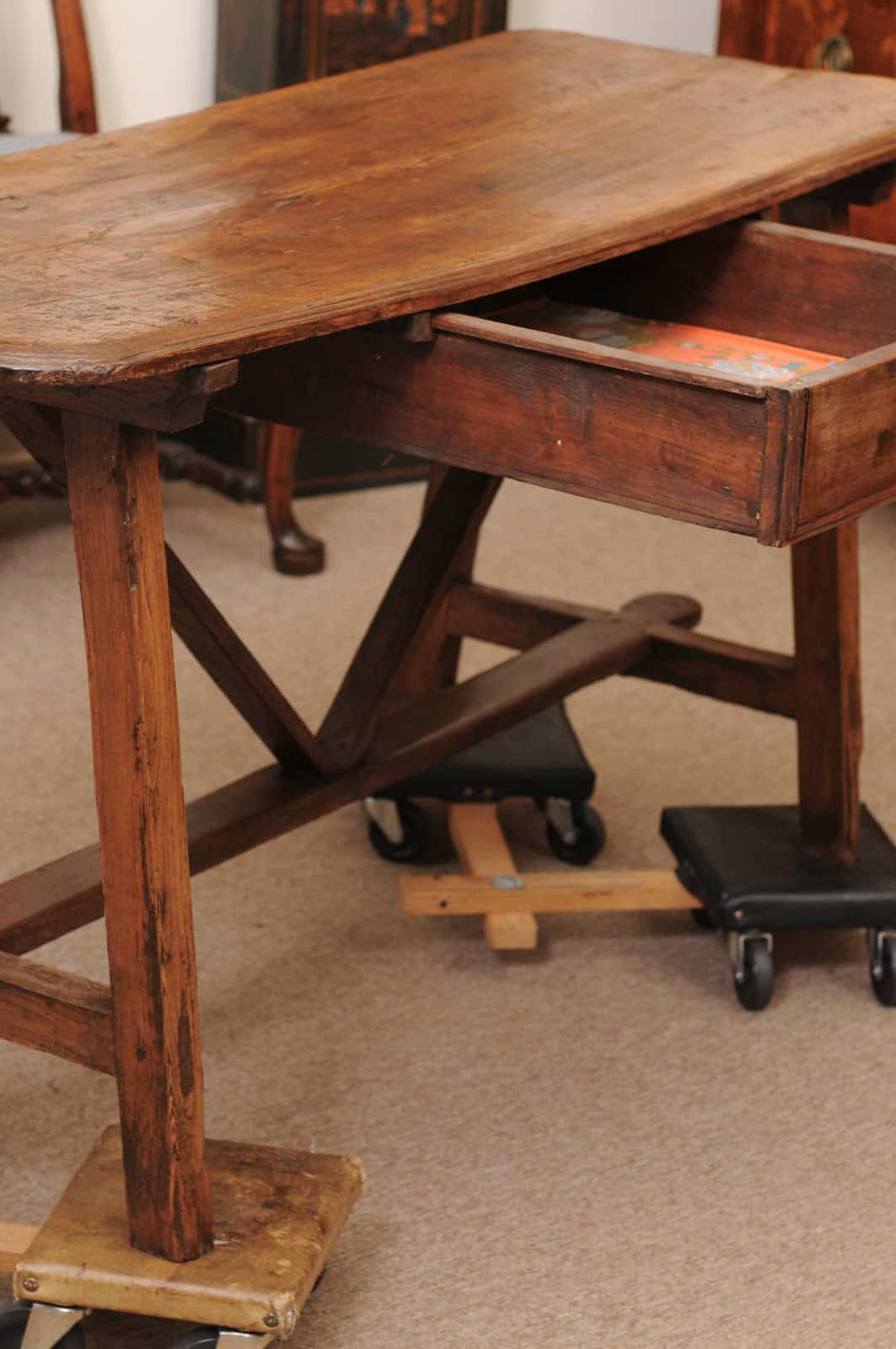 Rustic 19th Century Continental Walnut & Pine Console /Sofa Table with X Stretcher & Small Center Drawer - Image 5
