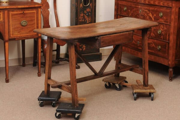 Rustic 19th Century Continental Walnut & Pine Console /Sofa Table with X Stretcher & Small Center Drawer - Image 12