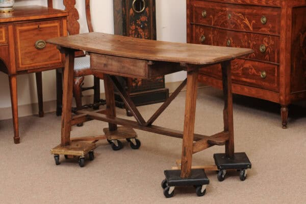 Rustic 19th Century Continental Walnut & Pine Console /Sofa Table with X Stretcher & Small Center Drawer - Image 14
