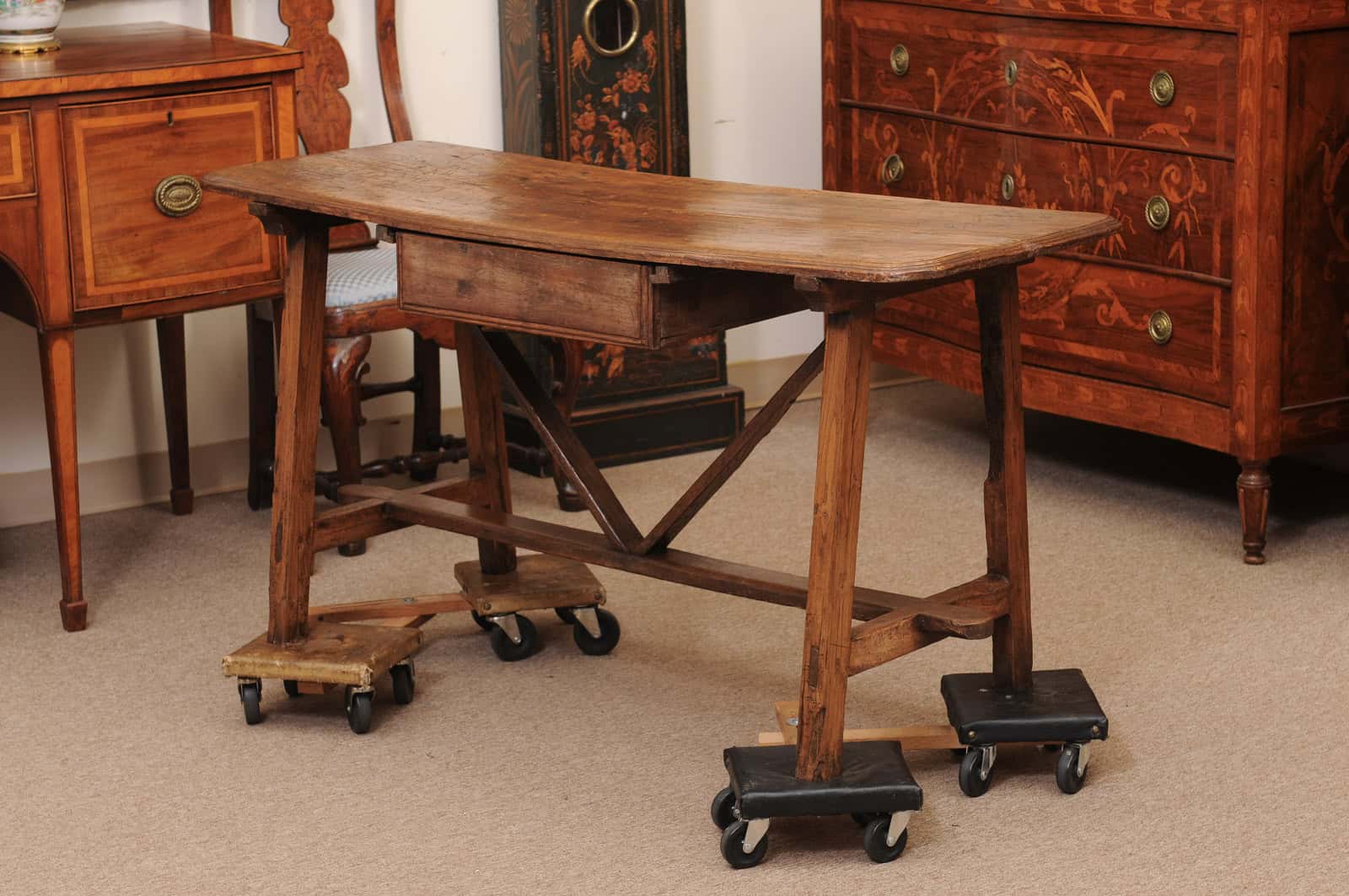 Rustic 19th Century Continental Walnut & Pine Console /Sofa Table with X Stretcher & Small Center Drawer - Image 14