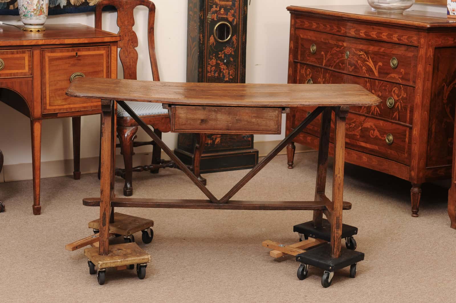 Rustic 19th Century Continental Walnut & Pine Console /Sofa Table with X Stretcher & Small Center Drawer - Image 16