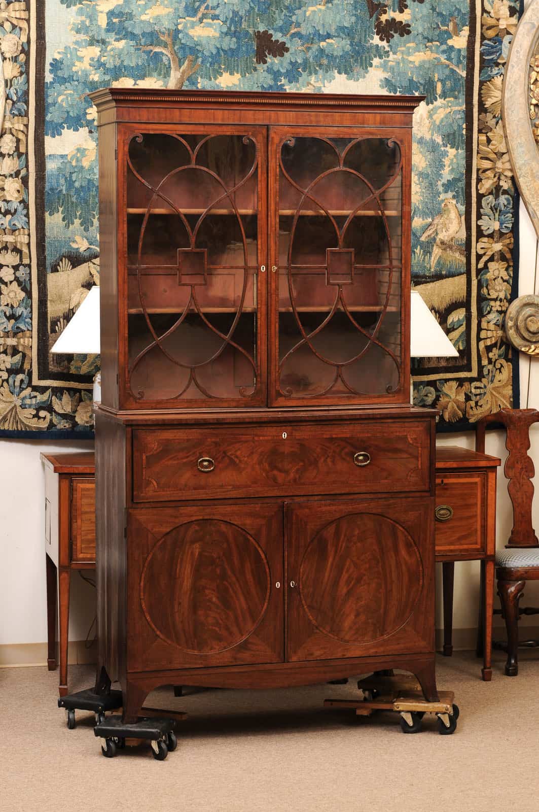 English 19th Century Mahogany Secretary Bookcase with Rosewood Sash Work and Circle Paneled Doors - Image 3