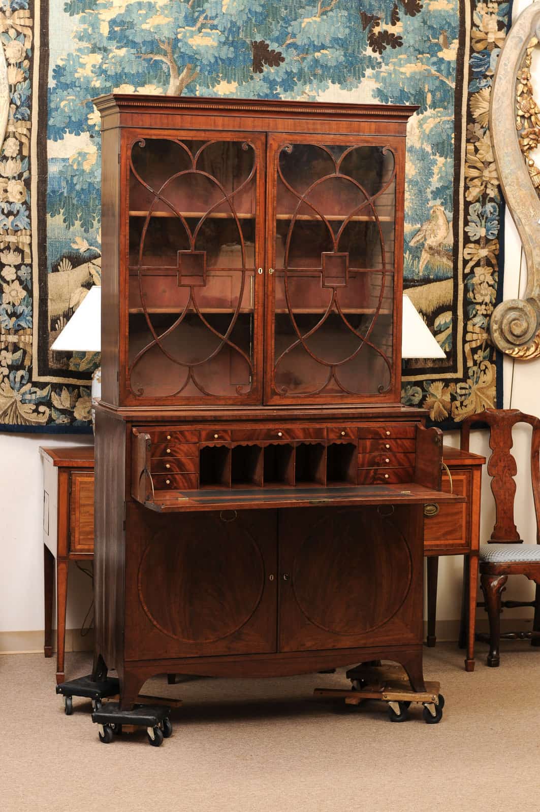 English 19th Century Mahogany Secretary Bookcase with Rosewood Sash Work and Circle Paneled Doors - Image 4