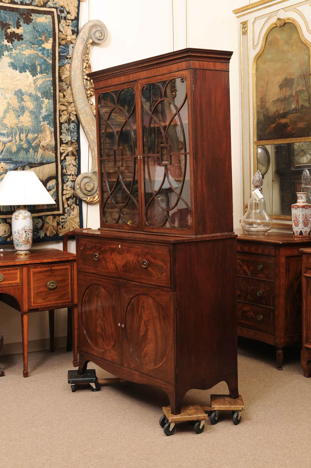 English 19th Century Mahogany Secretary Bookcase with Rosewood Sash Work and Circle Paneled Doors - Image 13