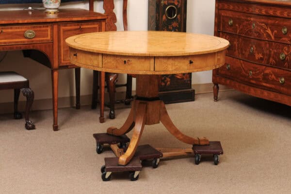 Biedemeier 19th Century Drum Table in Birch, Burled Elm and Rosewood Crossbanding with 6 Drawers and Pedestal Base - Image 3