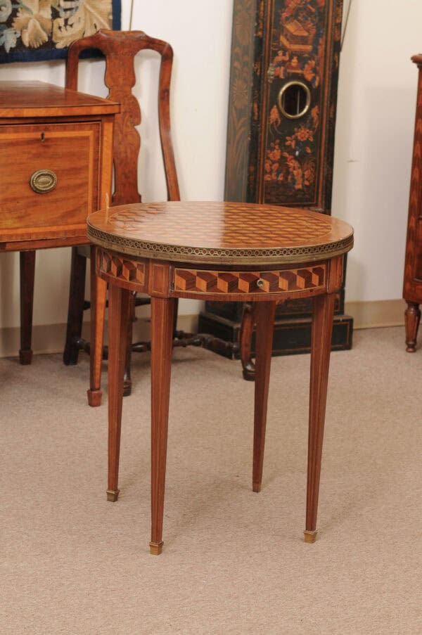 French 19th Century Louis XVI Style Bouillotte Table in Mahogany with Parquetry Inset Top, Leather surface on Reverse, Brass Gallery and Marble Surface - Image 3