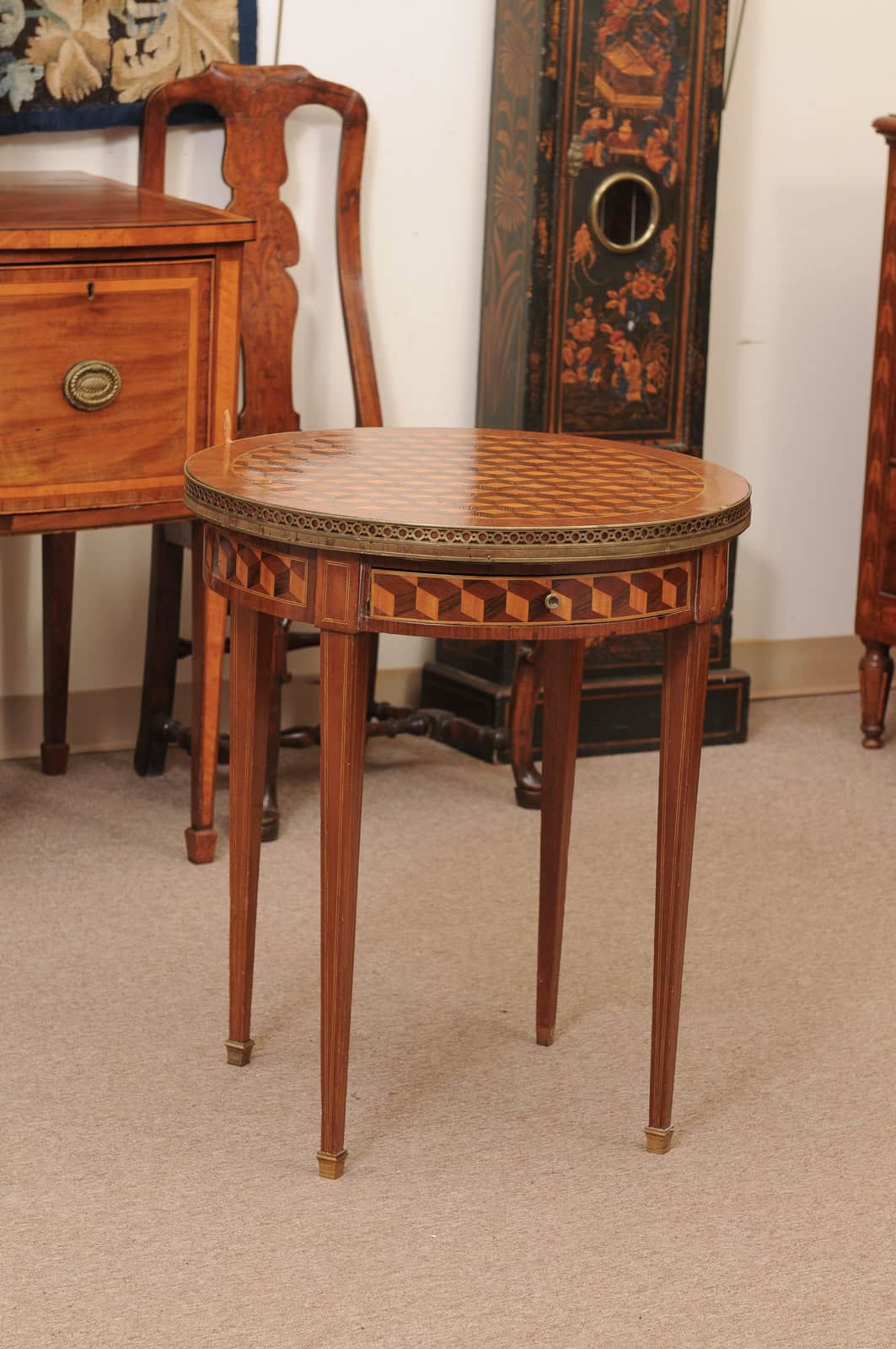 French 19th Century Louis XVI Style Bouillotte Table in Mahogany with Parquetry Inset Top, Leather surface on Reverse, Brass Gallery and Marble Surface - Image 3