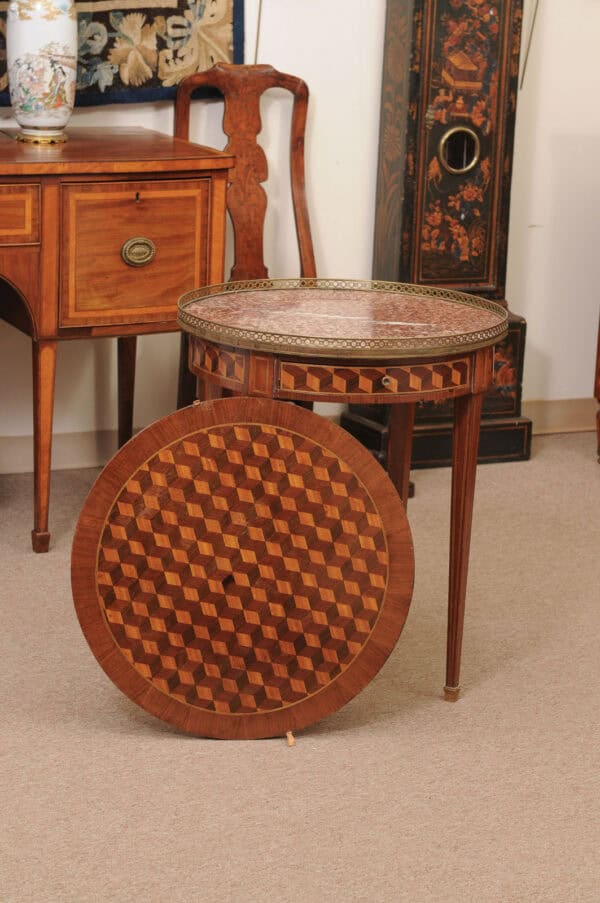 French 19th Century Louis XVI Style Bouillotte Table in Mahogany with Parquetry Inset Top, Leather surface on Reverse, Brass Gallery and Marble Surface - Image 4