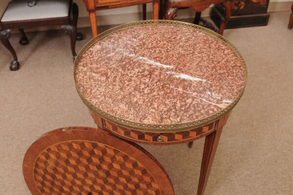 French 19th Century Louis XVI Style Bouillotte Table in Mahogany with Parquetry Inset Top, Leather surface on Reverse, Brass Gallery and Marble Surface - Image 5