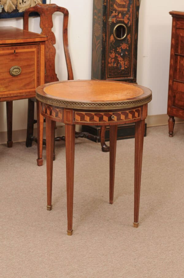 French 19th Century Louis XVI Style Bouillotte Table in Mahogany with Parquetry Inset Top, Leather surface on Reverse, Brass Gallery and Marble Surface - Image 6
