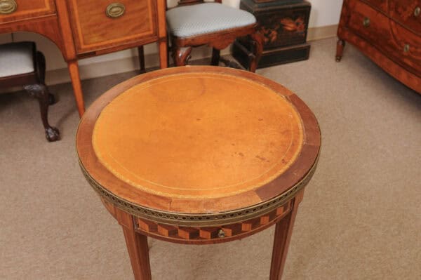 French 19th Century Louis XVI Style Bouillotte Table in Mahogany with Parquetry Inset Top, Leather surface on Reverse, Brass Gallery and Marble Surface - Image 7