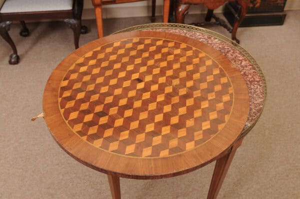 French 19th Century Louis XVI Style Bouillotte Table in Mahogany with Parquetry Inset Top, Leather surface on Reverse, Brass Gallery and Marble Surface - Image 8