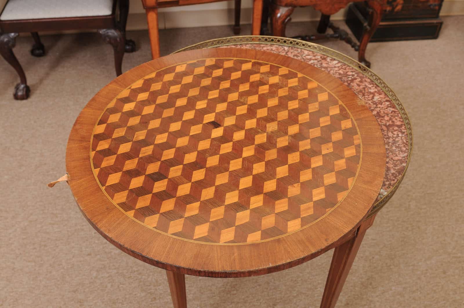 French 19th Century Louis XVI Style Bouillotte Table in Mahogany with Parquetry Inset Top, Leather surface on Reverse, Brass Gallery and Marble Surface - Image 8