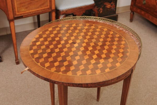 French 19th Century Louis XVI Style Bouillotte Table in Mahogany with Parquetry Inset Top, Leather surface on Reverse, Brass Gallery and Marble Surface - Image 9