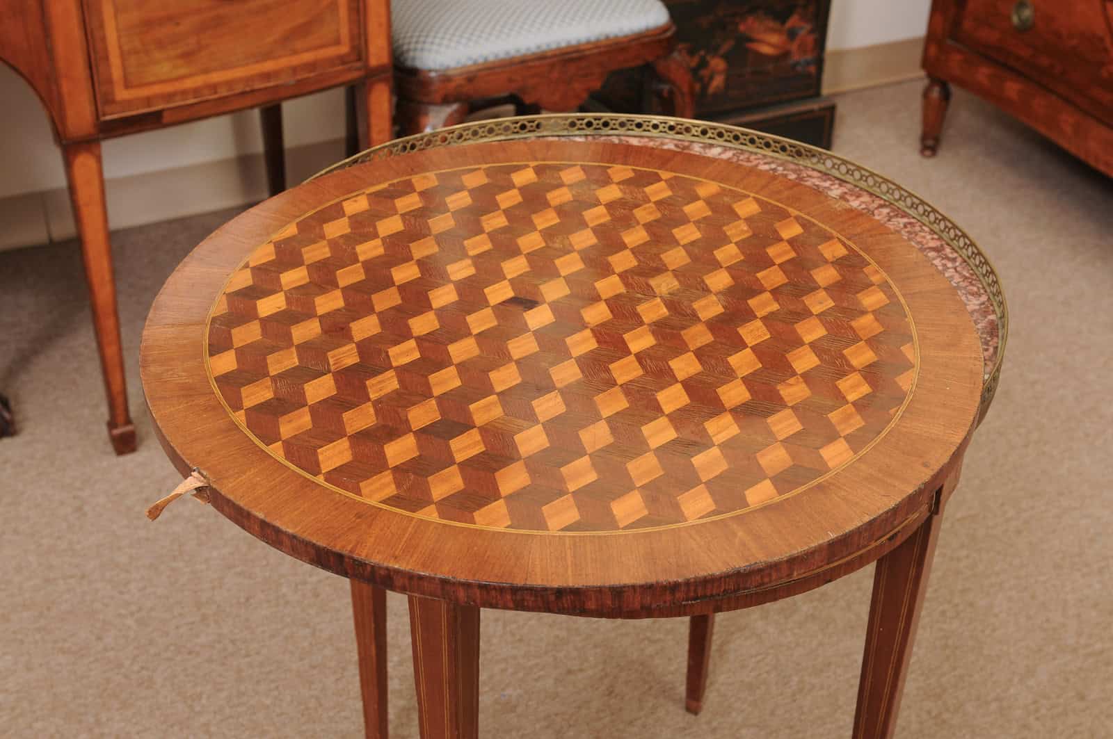 French 19th Century Louis XVI Style Bouillotte Table in Mahogany with Parquetry Inset Top, Leather surface on Reverse, Brass Gallery and Marble Surface - Image 9
