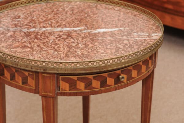 French 19th Century Louis XVI Style Bouillotte Table in Mahogany with Parquetry Inset Top, Leather surface on Reverse, Brass Gallery and Marble Surface - Image 10