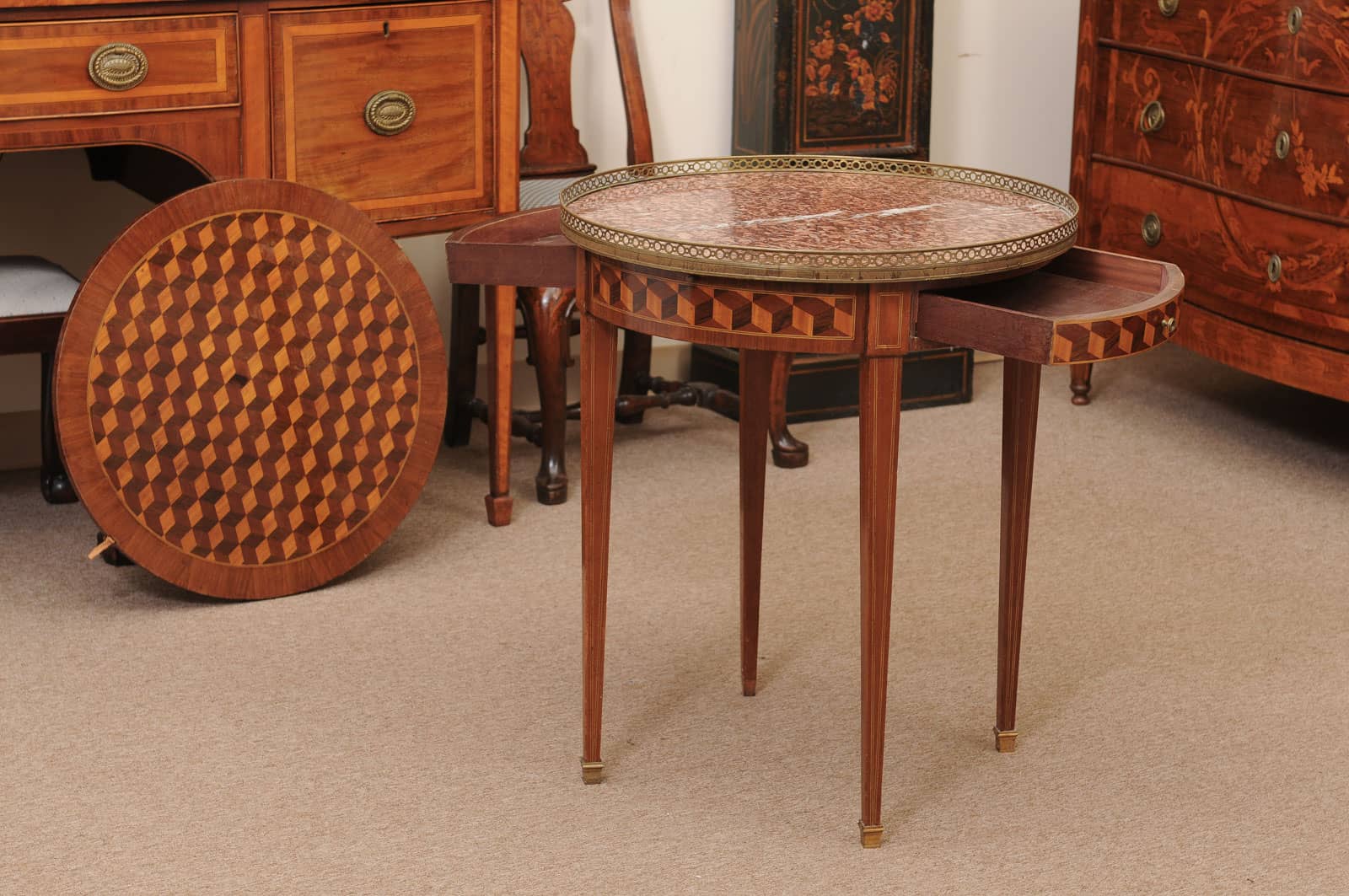 French 19th Century Louis XVI Style Bouillotte Table in Mahogany with Parquetry Inset Top, Leather surface on Reverse, Brass Gallery and Marble Surface - Image 11