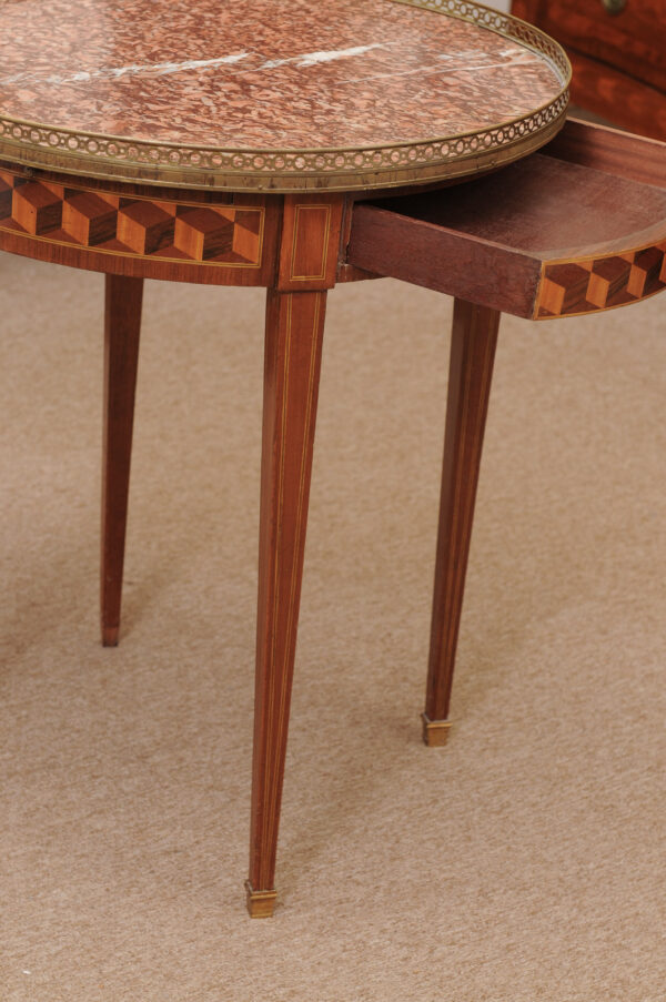 French 19th Century Louis XVI Style Bouillotte Table in Mahogany with Parquetry Inset Top, Leather surface on Reverse, Brass Gallery and Marble Surface - Image 12
