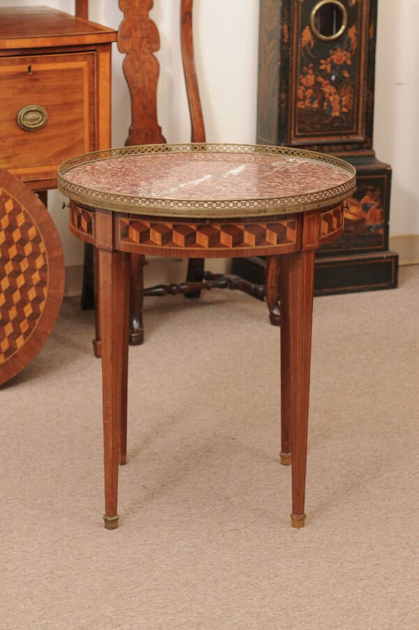 French 19th Century Louis XVI Style Bouillotte Table in Mahogany with Parquetry Inset Top, Leather surface on Reverse, Brass Gallery and Marble Surface - Image 13