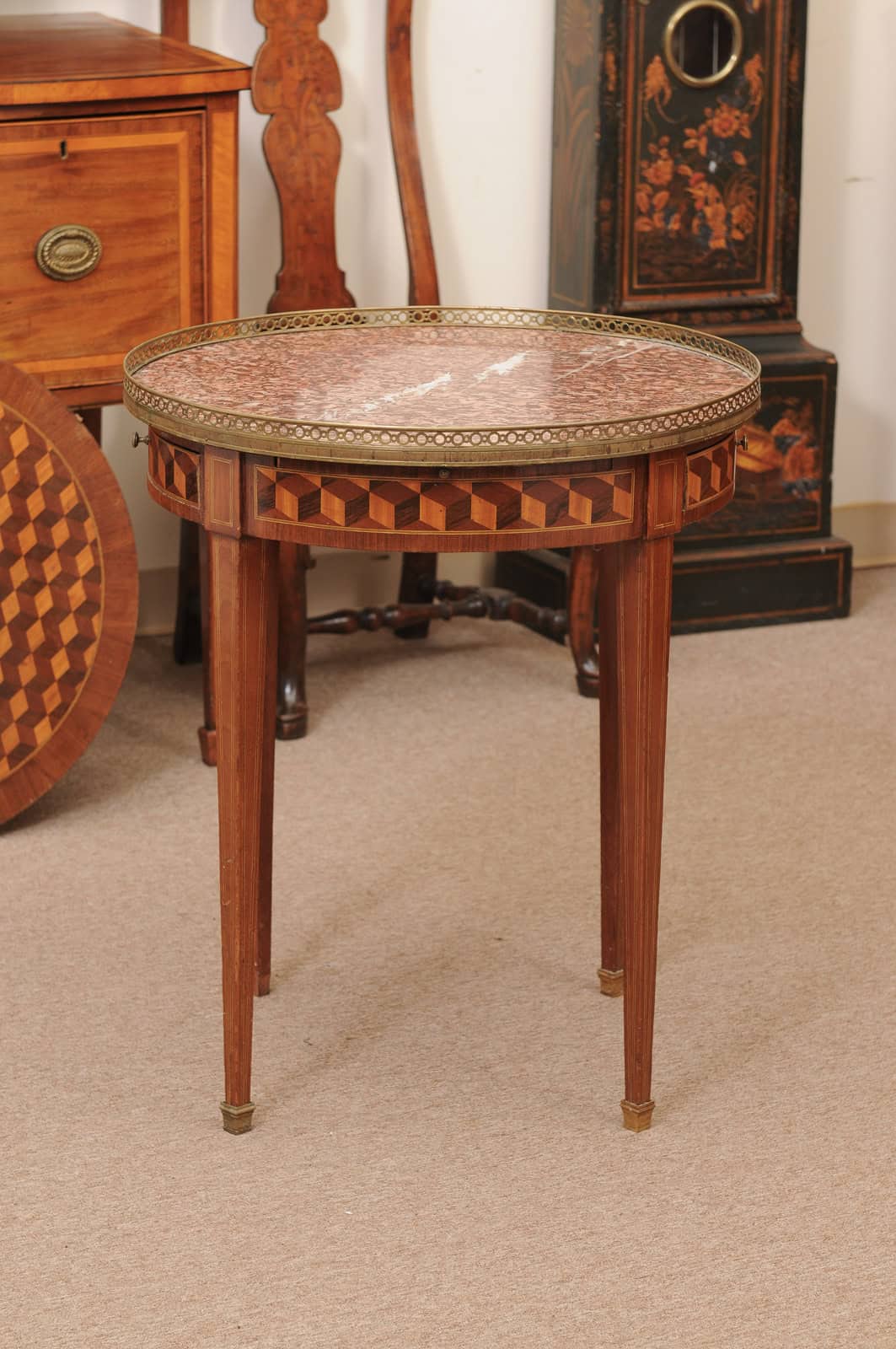 French 19th Century Louis XVI Style Bouillotte Table in Mahogany with Parquetry Inset Top, Leather surface on Reverse, Brass Gallery and Marble Surface - Image 13