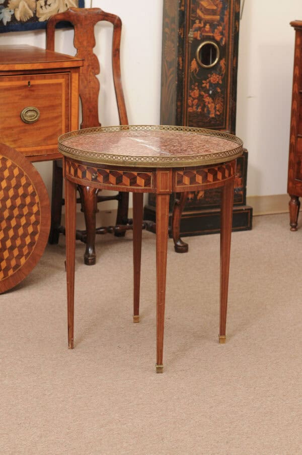 French 19th Century Louis XVI Style Bouillotte Table in Mahogany with Parquetry Inset Top, Leather surface on Reverse, Brass Gallery and Marble Surface - Image 14
