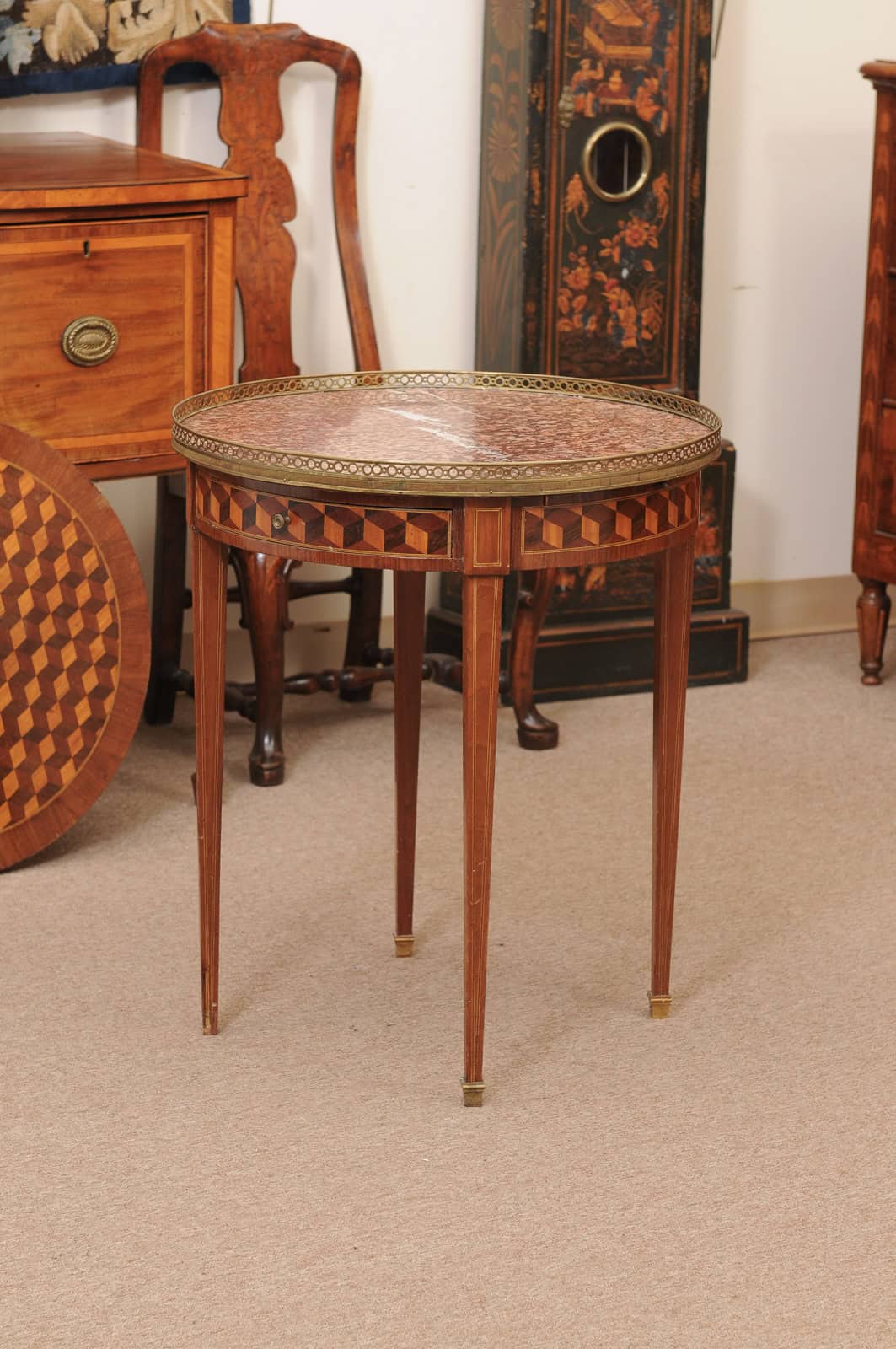 French 19th Century Louis XVI Style Bouillotte Table in Mahogany with Parquetry Inset Top, Leather surface on Reverse, Brass Gallery and Marble Surface - Image 14