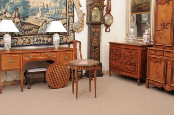 French 19th Century Louis XVI Style Bouillotte Table in Mahogany with Parquetry Inset Top, Leather surface on Reverse, Brass Gallery and Marble Surface - Image 15