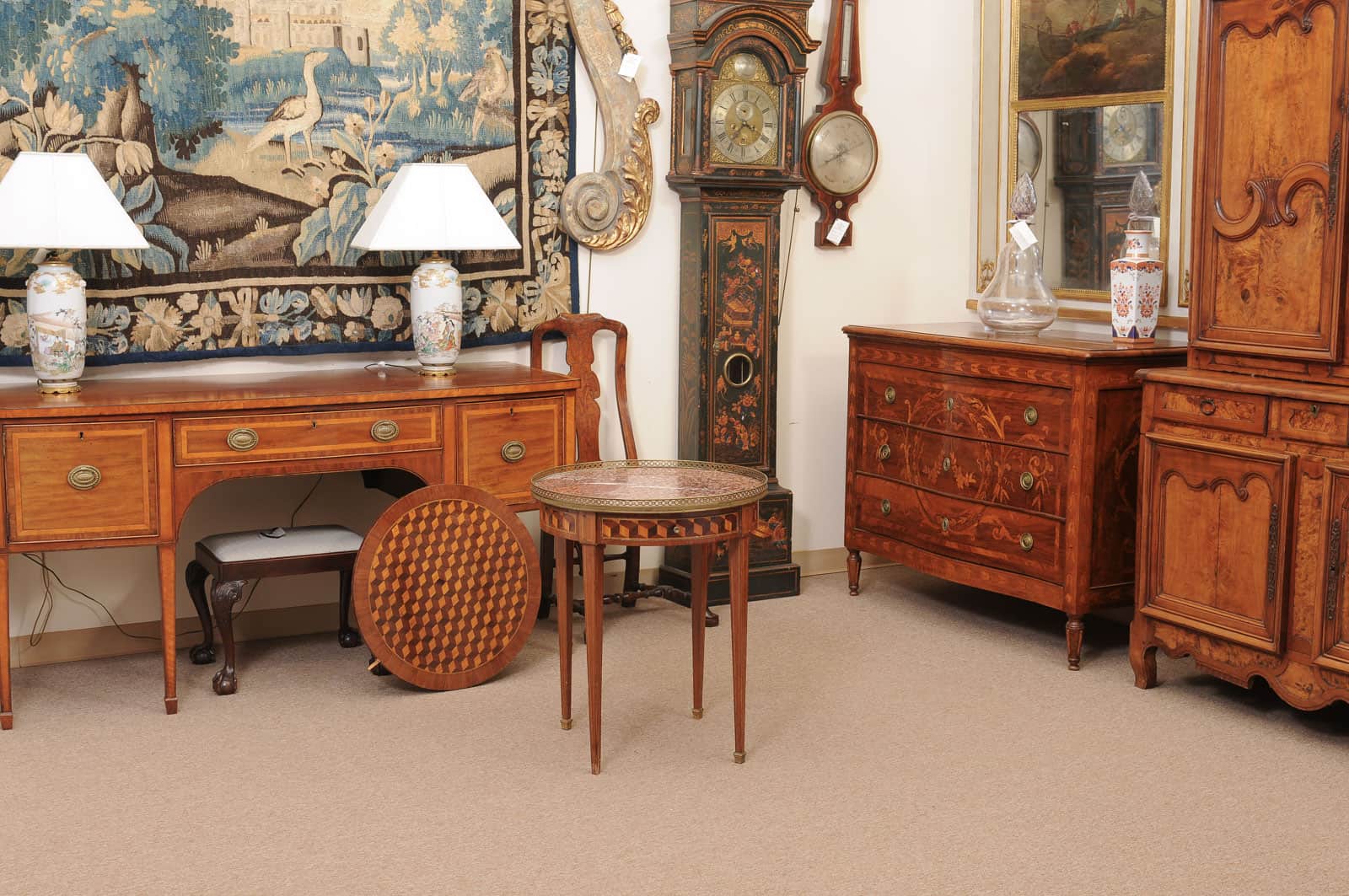French 19th Century Louis XVI Style Bouillotte Table in Mahogany with Parquetry Inset Top, Leather surface on Reverse, Brass Gallery and Marble Surface - Image 15