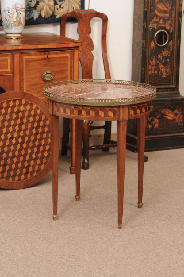 French 19th Century Louis XVI Style Bouillotte Table in Mahogany with Parquetry Inset Top, Leather surface on Reverse, Brass Gallery and Marble Surface - Image 16