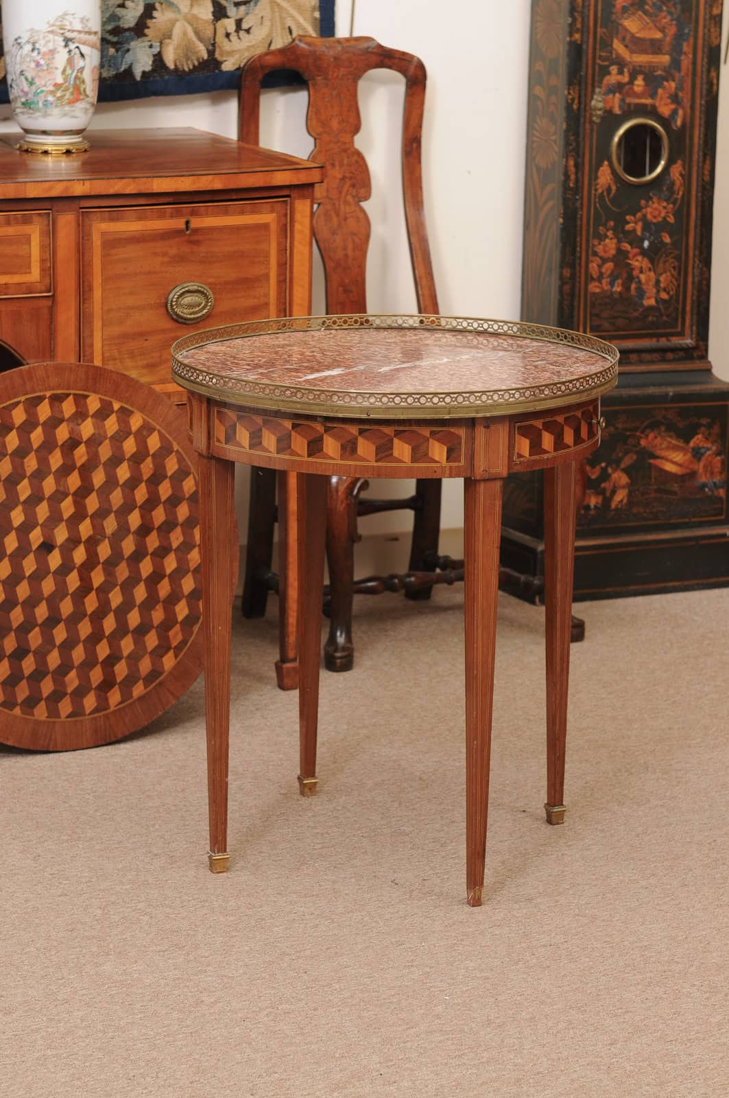 French 19th Century Louis XVI Style Bouillotte Table in Mahogany with Parquetry Inset Top, Leather surface on Reverse, Brass Gallery and Marble Surface - Image 16
