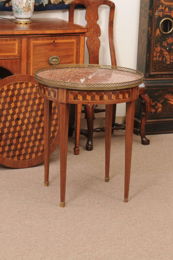 French 19th Century Louis XVI Style Bouillotte Table in Mahogany with Parquetry Inset Top, Leather surface on Reverse, Brass Gallery and Marble Surface - Image 17