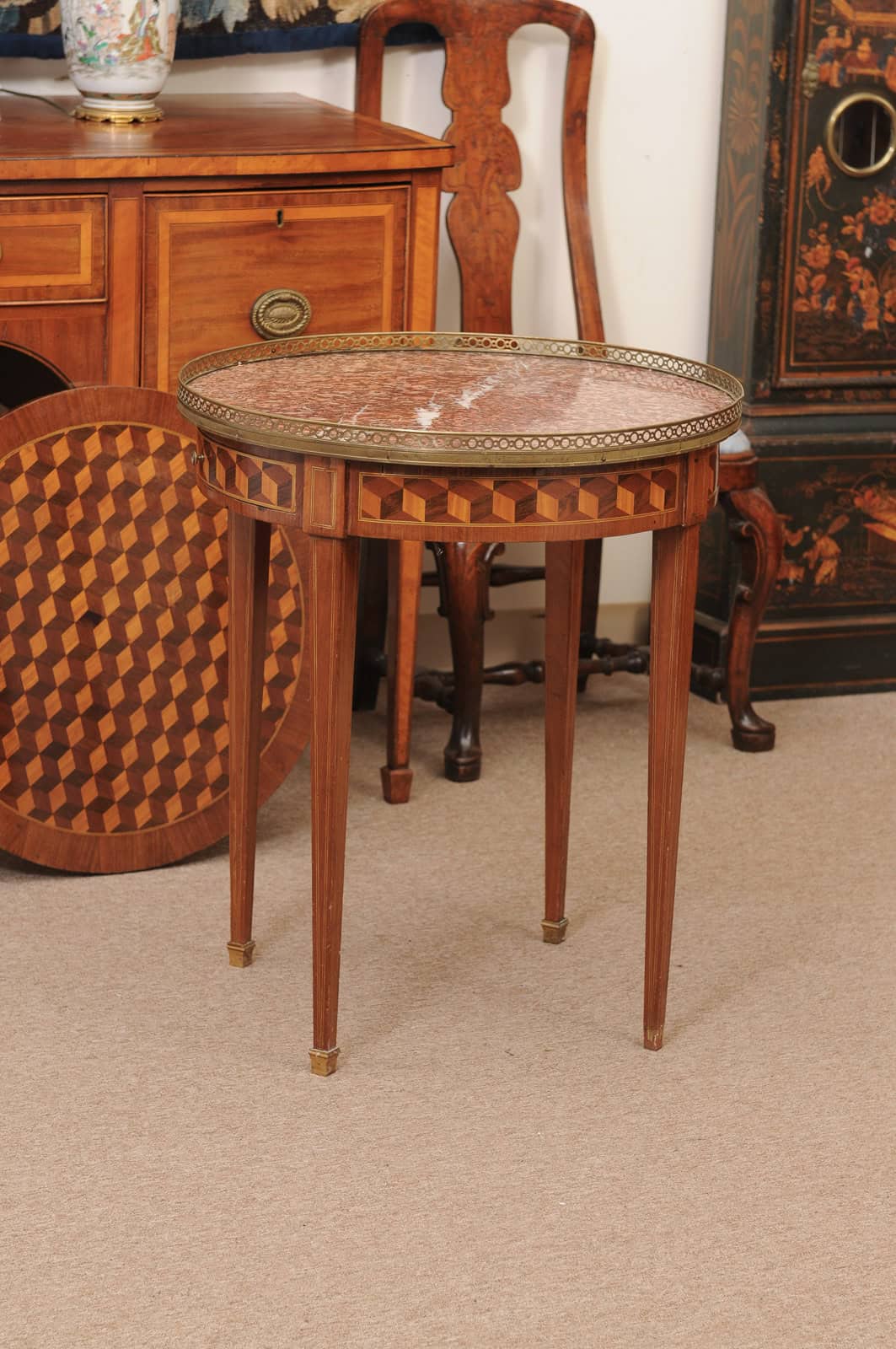 French 19th Century Louis XVI Style Bouillotte Table in Mahogany with Parquetry Inset Top, Leather surface on Reverse, Brass Gallery and Marble Surface - Image 17