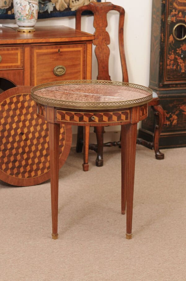 French 19th Century Louis XVI Style Bouillotte Table in Mahogany with Parquetry Inset Top, Leather surface on Reverse, Brass Gallery and Marble Surface - Image 18
