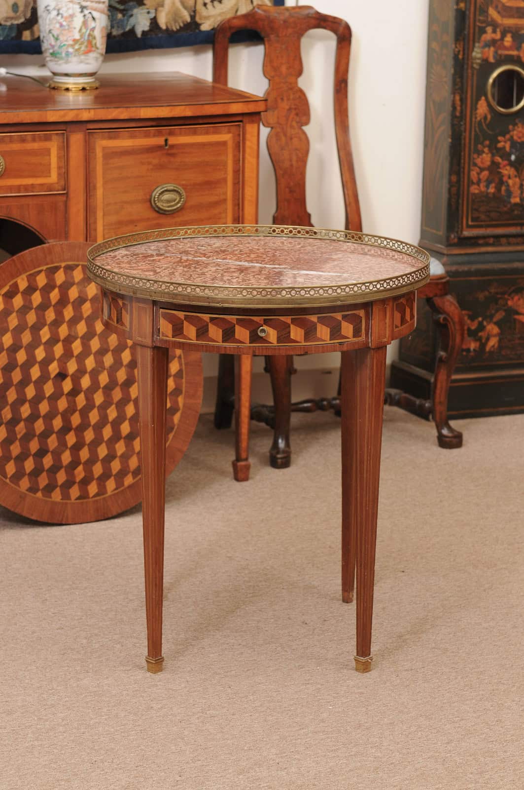 French 19th Century Louis XVI Style Bouillotte Table in Mahogany with Parquetry Inset Top, Leather surface on Reverse, Brass Gallery and Marble Surface - Image 18