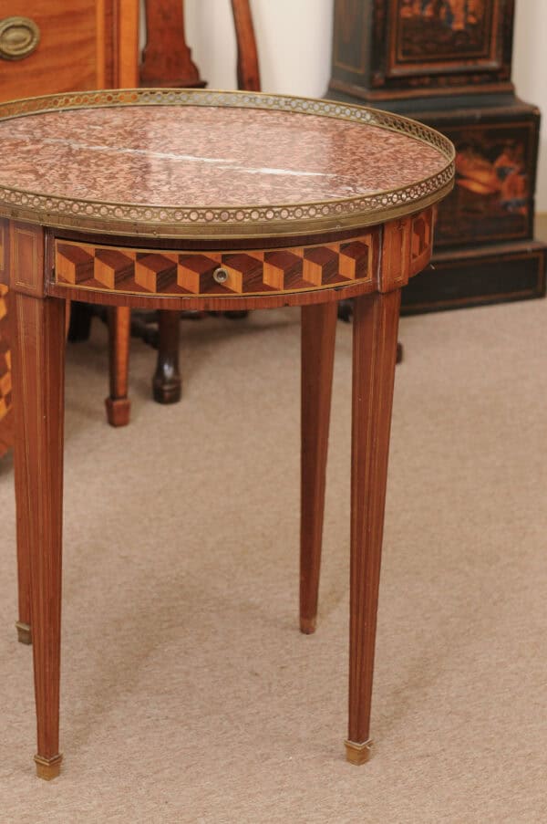 French 19th Century Louis XVI Style Bouillotte Table in Mahogany with Parquetry Inset Top, Leather surface on Reverse, Brass Gallery and Marble Surface - Image 19