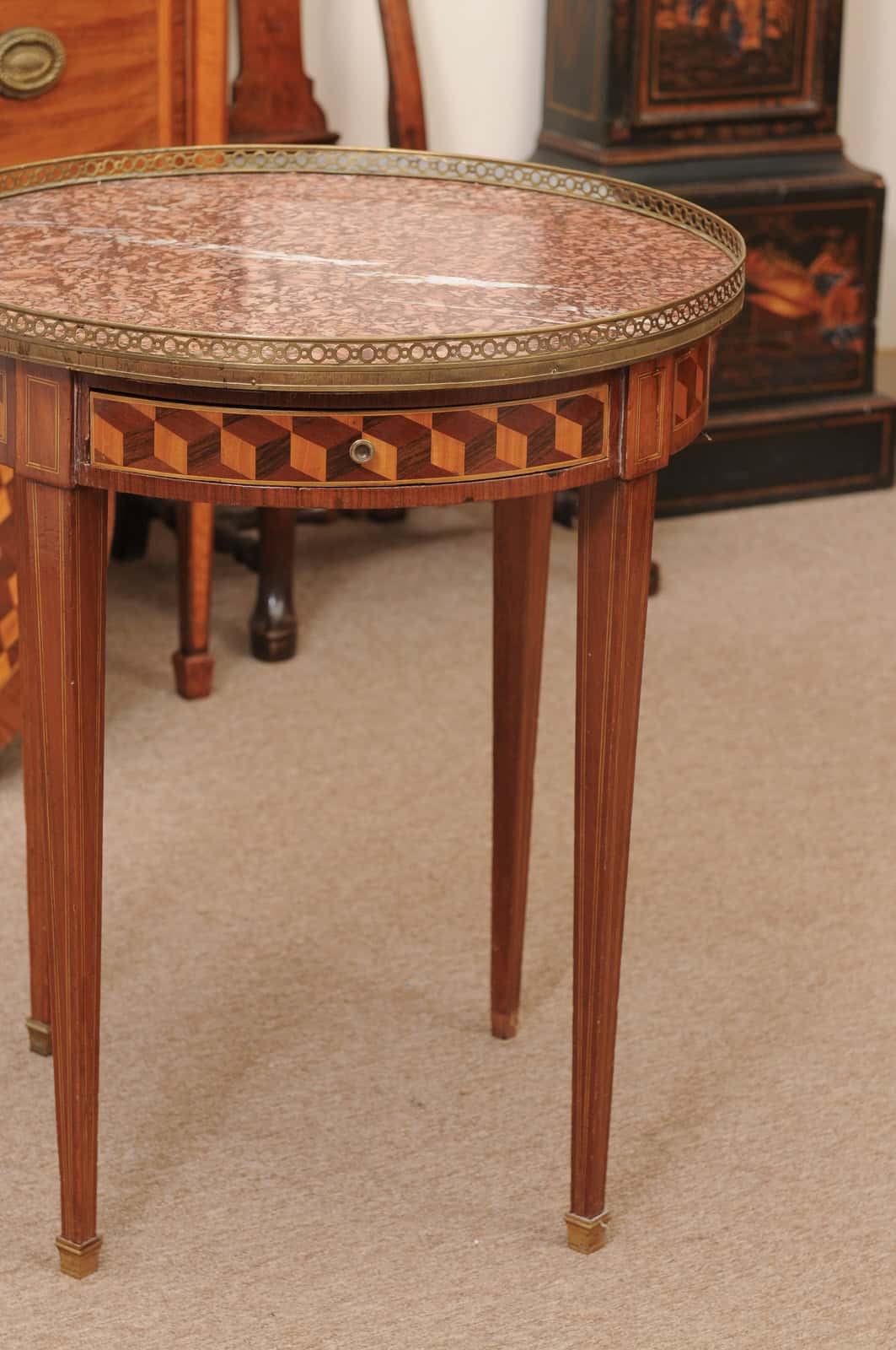 French 19th Century Louis XVI Style Bouillotte Table in Mahogany with Parquetry Inset Top, Leather surface on Reverse, Brass Gallery and Marble Surface - Image 19