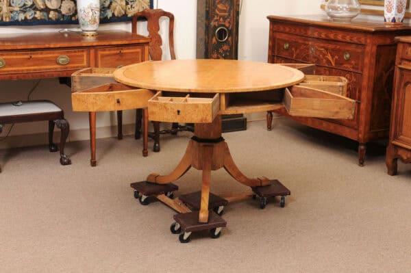 Biedemeier 19th Century Drum Table in Birch, Burled Elm and Rosewood Crossbanding with 6 Drawers and Pedestal Base - Image 4