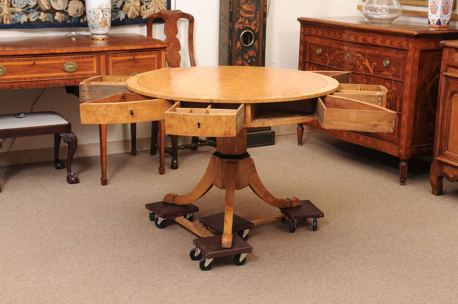 Biedemeier 19th Century Drum Table in Birch, Burled Elm and Rosewood Crossbanding with 6 Drawers and Pedestal Base - Image 4