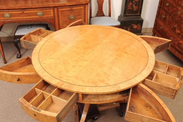 Biedemeier 19th Century Drum Table in Birch, Burled Elm and Rosewood Crossbanding with 6 Drawers and Pedestal Base - Image 5