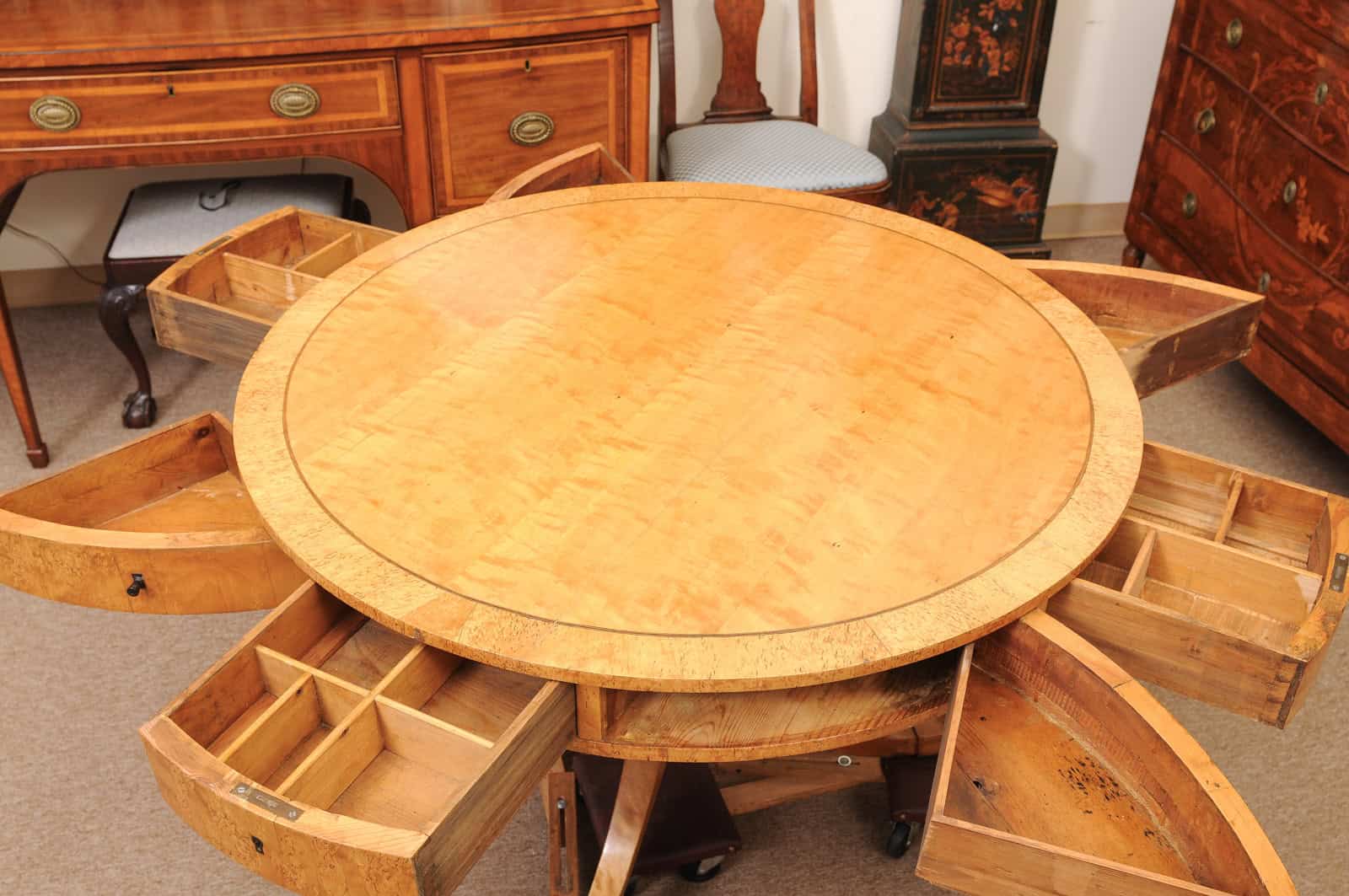 Biedemeier 19th Century Drum Table in Birch, Burled Elm and Rosewood Crossbanding with 6 Drawers and Pedestal Base - Image 5