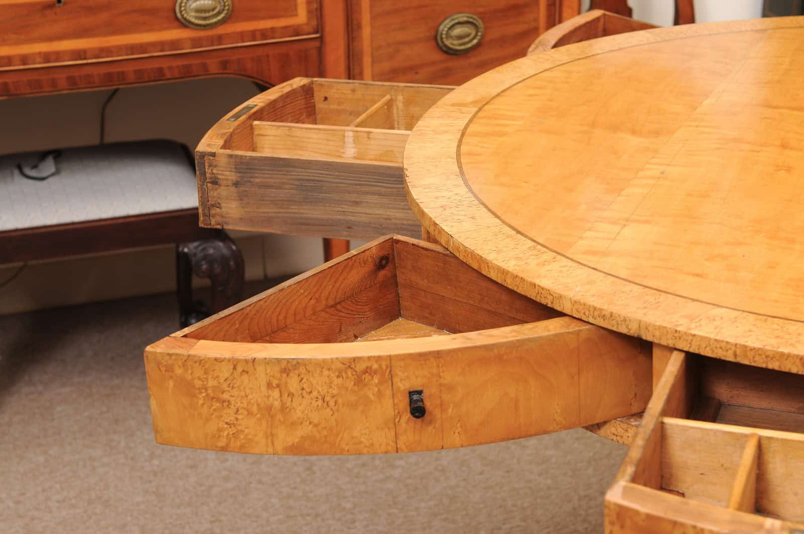 Biedemeier 19th Century Drum Table in Birch, Burled Elm and Rosewood Crossbanding with 6 Drawers and Pedestal Base - Image 6