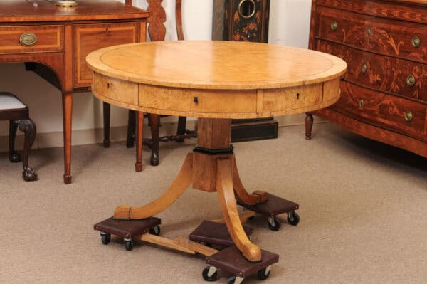 Biedemeier 19th Century Drum Table in Birch, Burled Elm and Rosewood Crossbanding with 6 Drawers and Pedestal Base - Image 7