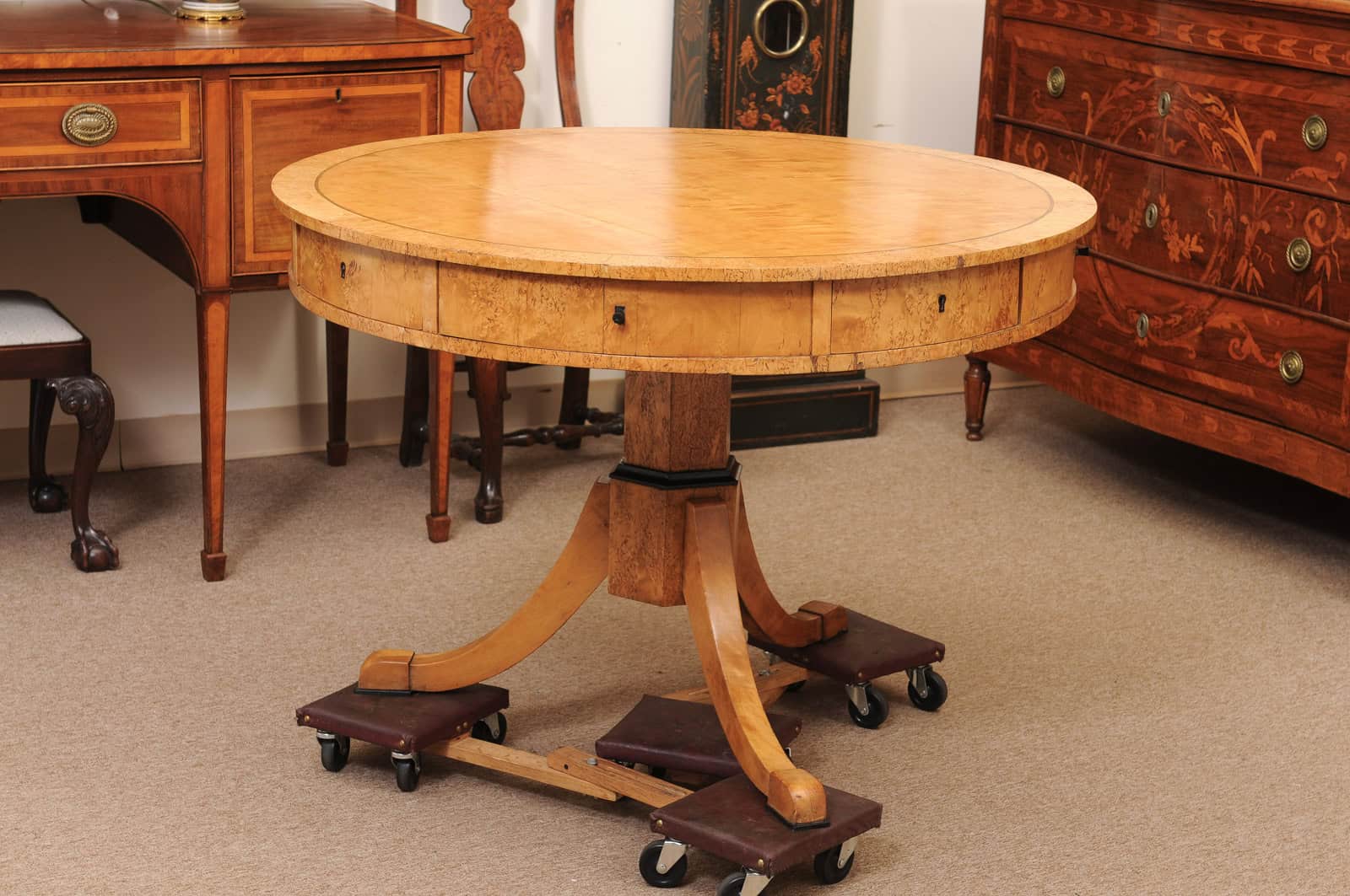 Biedemeier 19th Century Drum Table in Birch, Burled Elm and Rosewood Crossbanding with 6 Drawers and Pedestal Base - Image 7