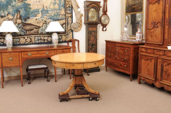 Biedemeier 19th Century Drum Table in Birch, Burled Elm and Rosewood Crossbanding with 6 Drawers and Pedestal Base - Image 8