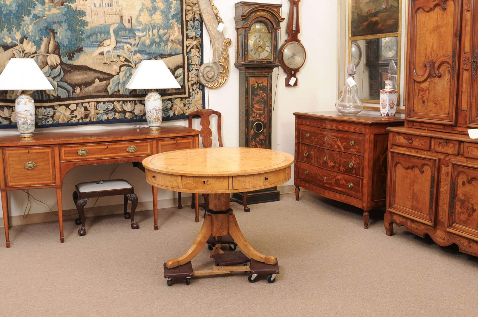 Biedemeier 19th Century Drum Table in Birch, Burled Elm and Rosewood Crossbanding with 6 Drawers and Pedestal Base - Image 8