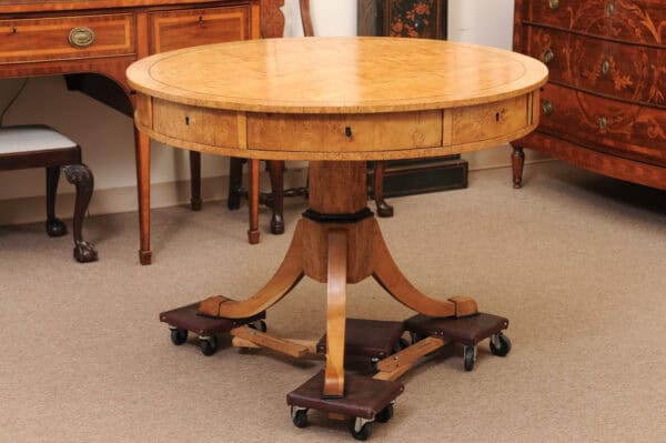 Biedemeier 19th Century Drum Table in Birch, Burled Elm and Rosewood Crossbanding with 6 Drawers and Pedestal Base - Image 10