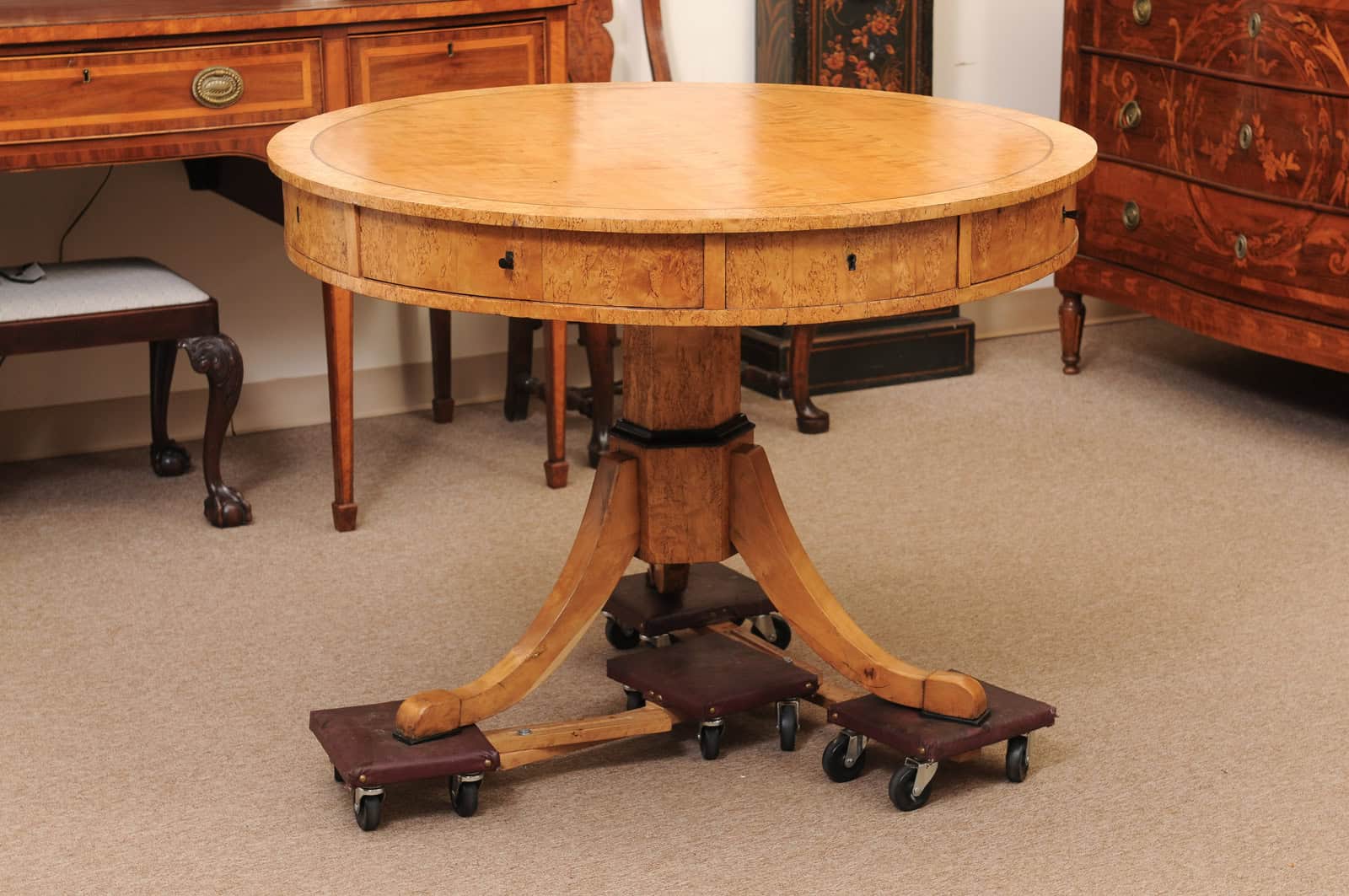 Biedemeier 19th Century Drum Table in Birch, Burled Elm and Rosewood Crossbanding with 6 Drawers and Pedestal Base - Image 11